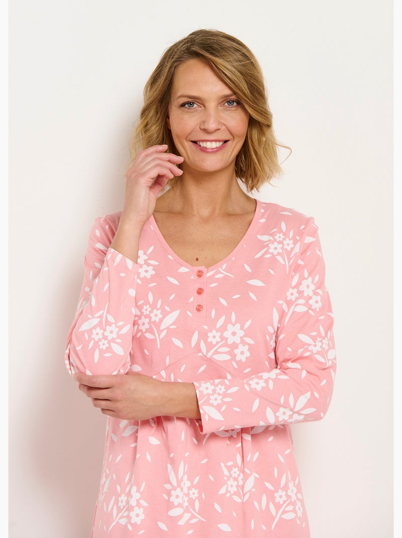 Chemise de nuit boutonnée coton mi longue fleurie - Afibel Corail - Kiabi