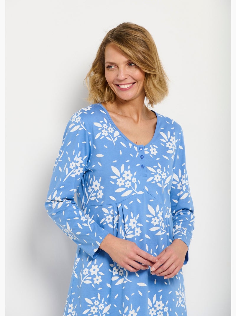 Chemise de nuit boutonnée coton mi longue fleurie Bleu - Kiabi
