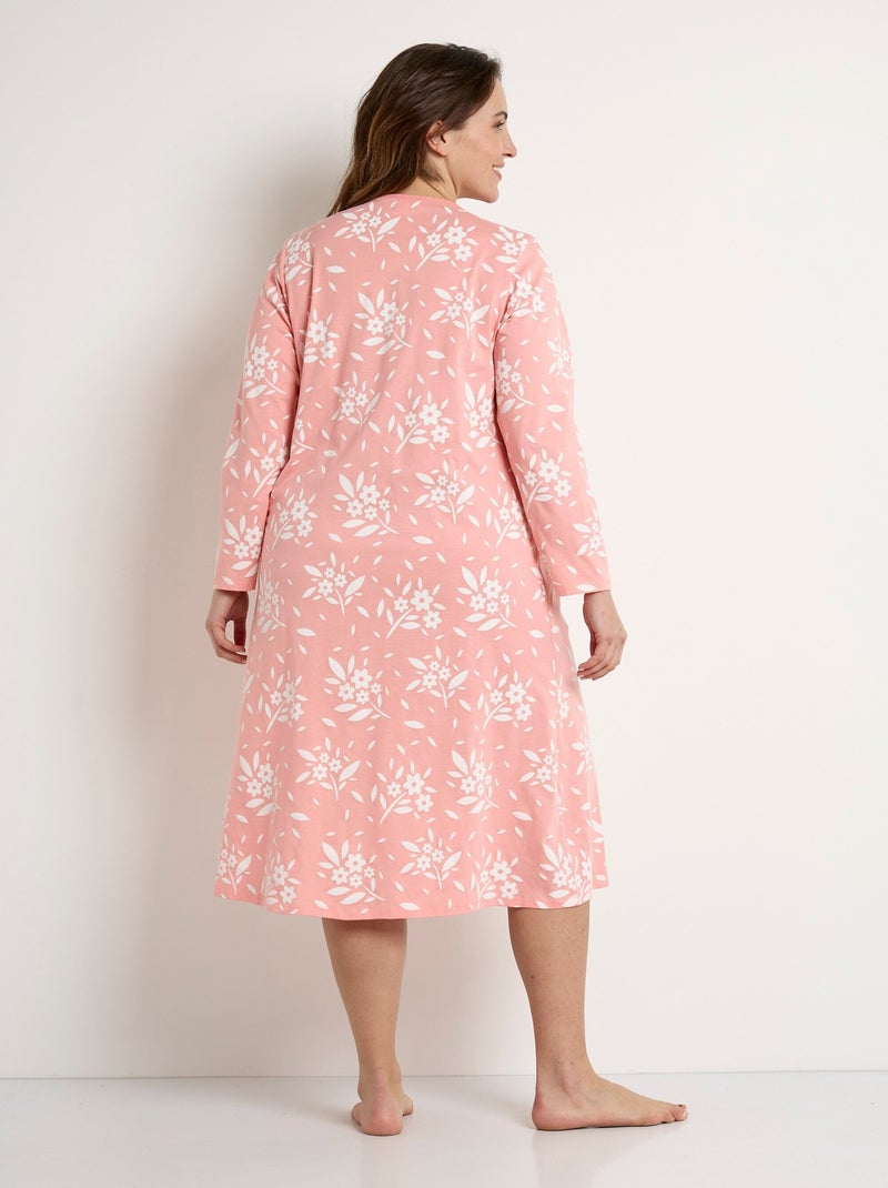Chemise de nuit boutonnée coton mi longue fleurie - Orange corail