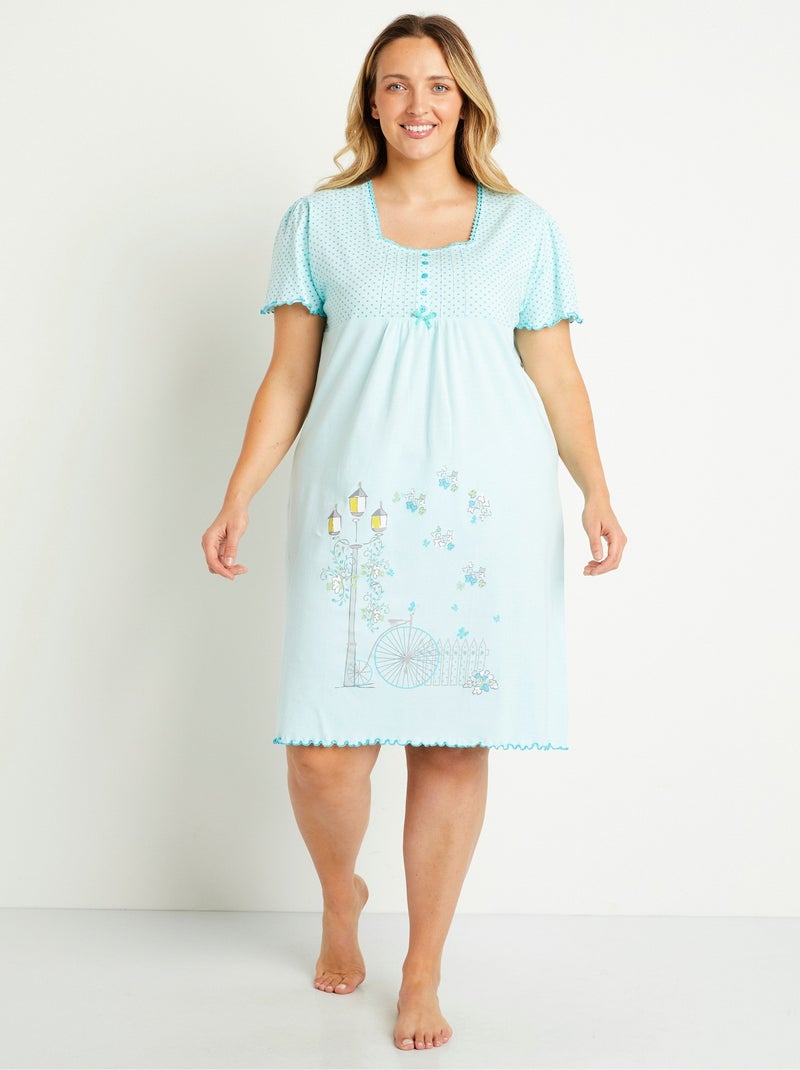Chemise de nuit coton dentelle Bleu turquoise - Kiabi