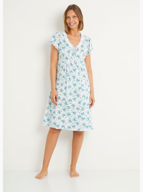 Chemise de nuit coton fleuri dentelle mi longue - Afibel - Kiabi