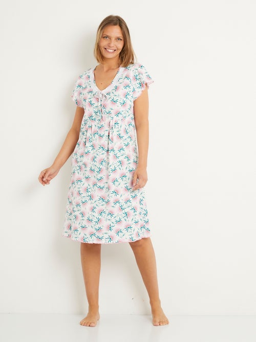 Chemise de nuit coton fleuri dentelle mi longue - Afibel - Kiabi