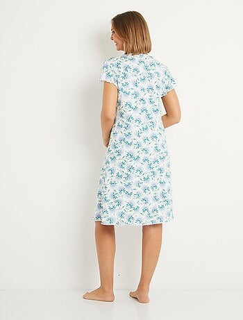 Chemise de nuit coton fleuri dentelle mi longue