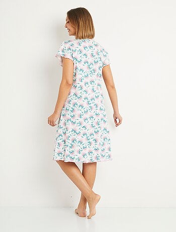 Chemise de nuit coton fleuri dentelle mi longue