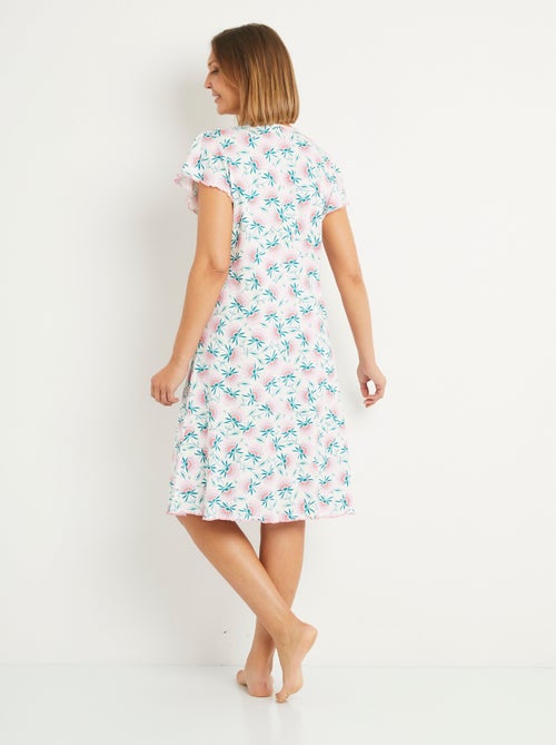 Chemise de nuit coton fleuri dentelle mi longue - Kiabi