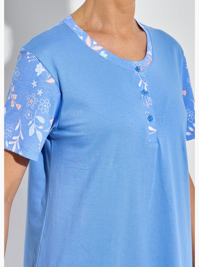 Chemise de nuit courte col tunisien coton - Afibel Bleu - Kiabi