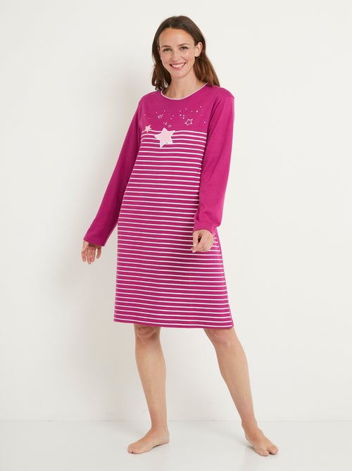 Chemise de nuit courte coton interlock uni rayé - Afibel - Kiabi