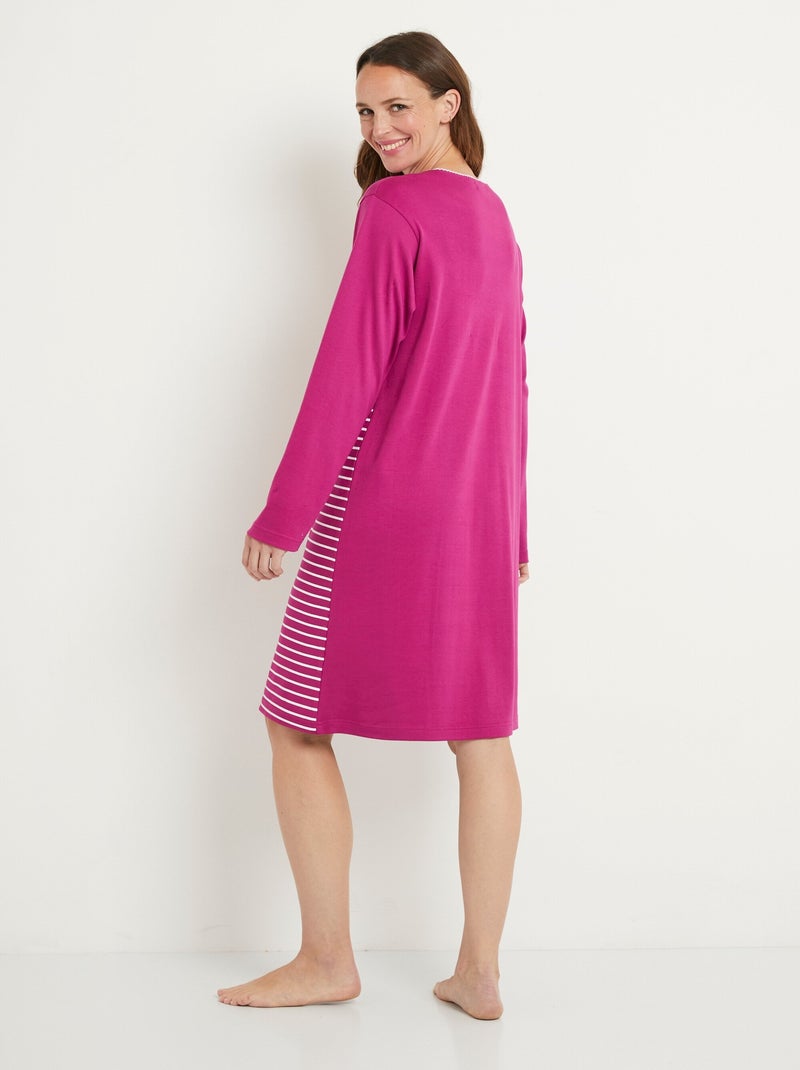 Chemise de nuit courte coton interlock uni rayé - Afibel Violet - Kiabi