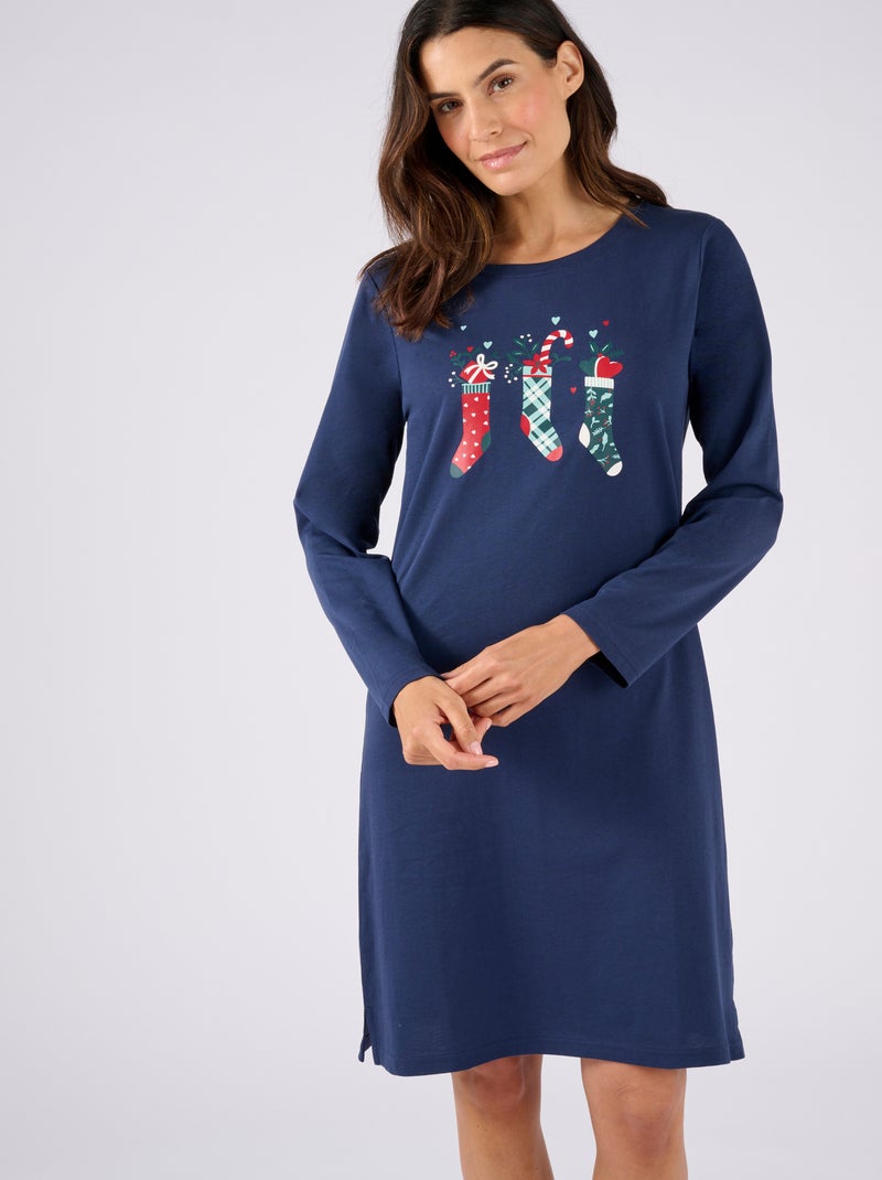 Chemise de nuit de Noël en maille jersey pur coton peigné - Damart Bleu marine - Kiabi