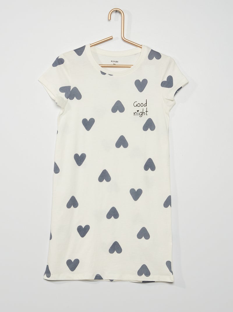 Chemise de nuit imprimée 'cœurs' blanc/gris - Kiabi