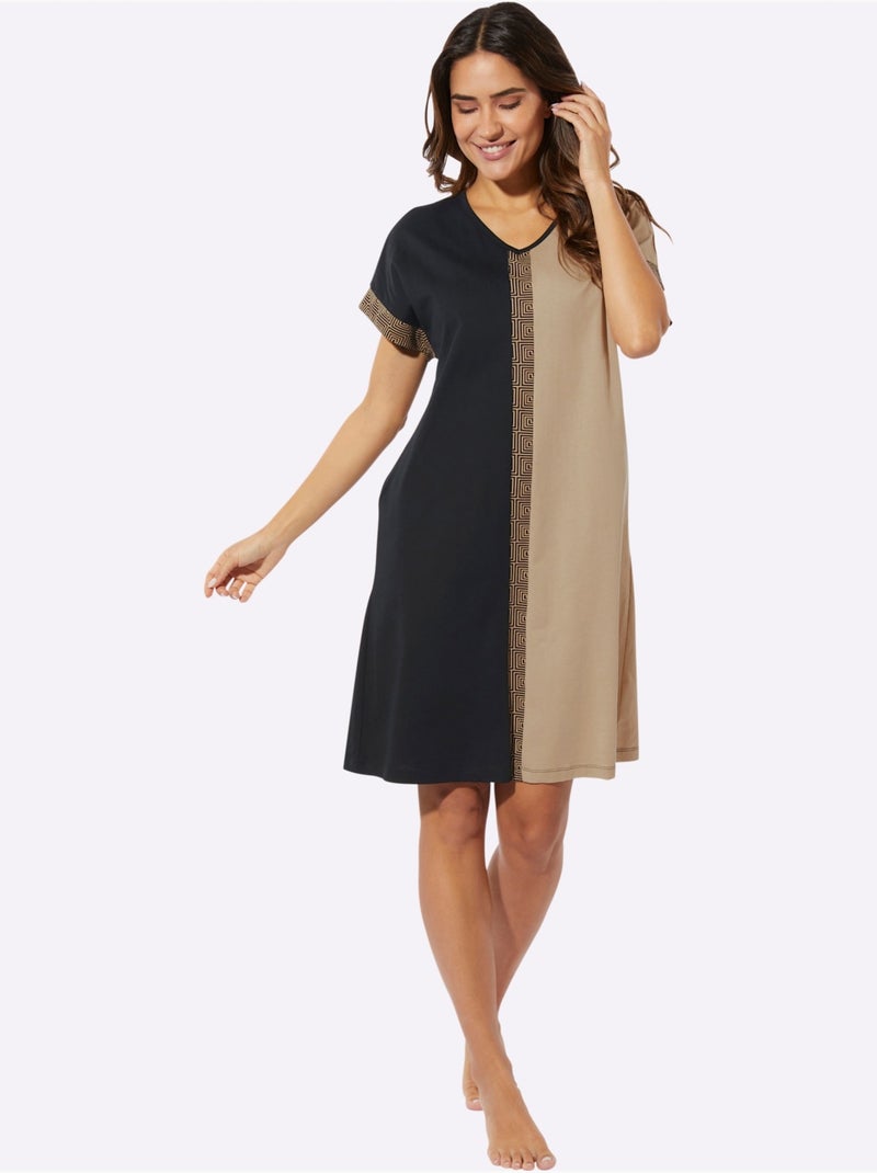 Chemise De Nuit Jersey Fin - Taille Standard - Moda Vilona Noir Beige - Kiabi
