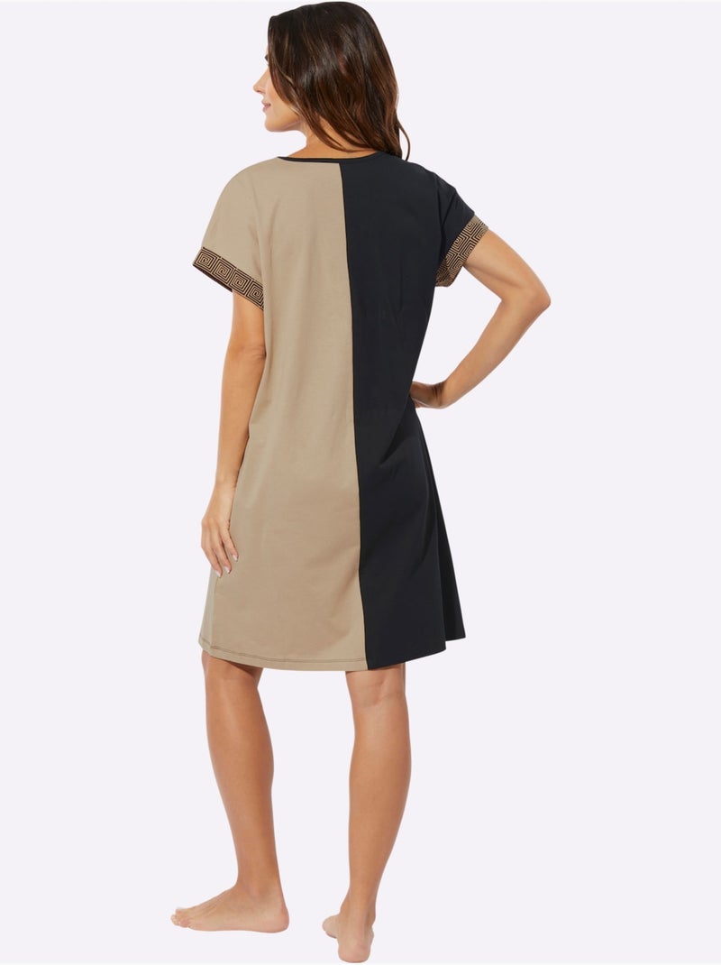Chemise De Nuit Jersey Fin - Taille Standard - Moda Vilona Noir Beige - Kiabi