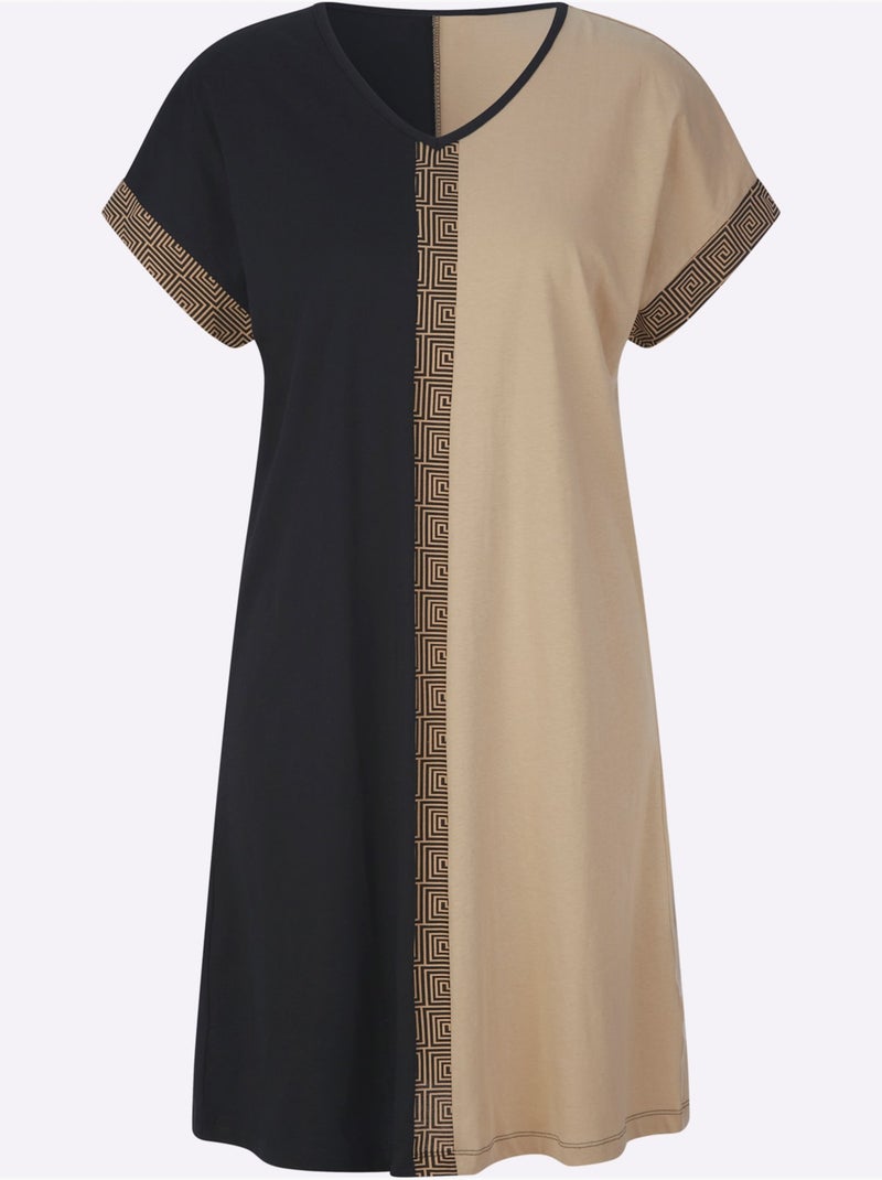 Chemise De Nuit Jersey Fin - Taille Standard - Moda Vilona Noir Beige - Kiabi