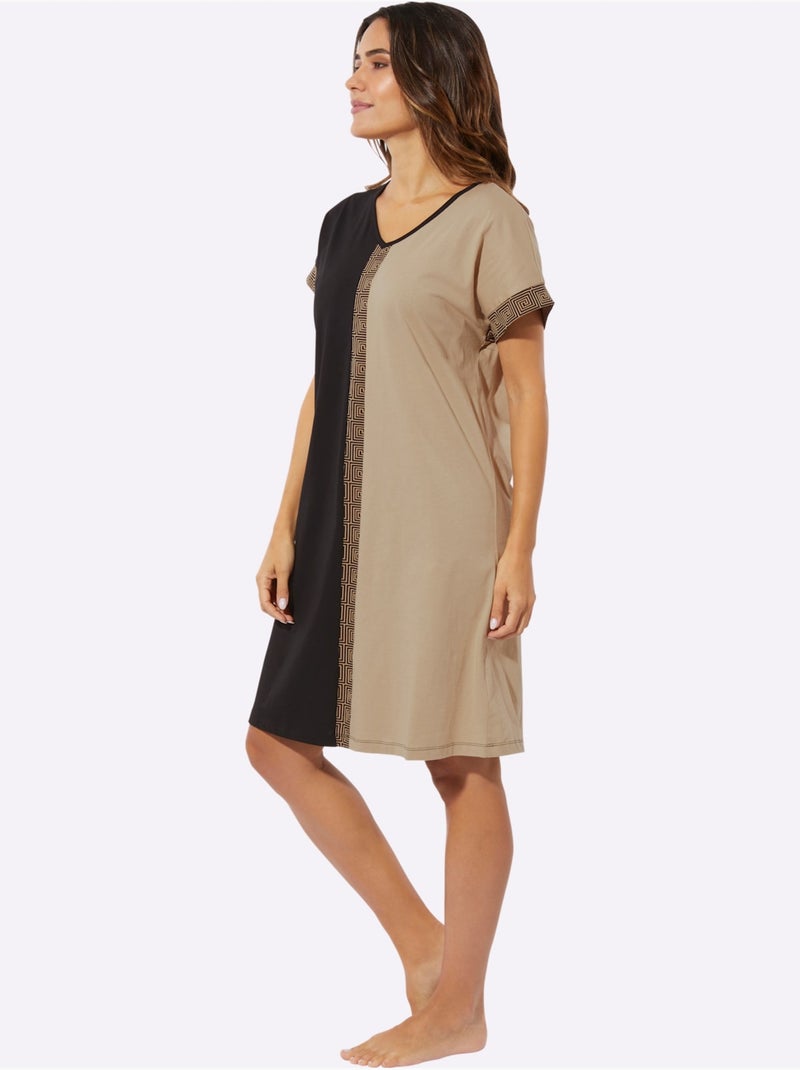 Chemise De Nuit Jersey Fin - Taille Standard - Moda Vilona Noir Beige - Kiabi