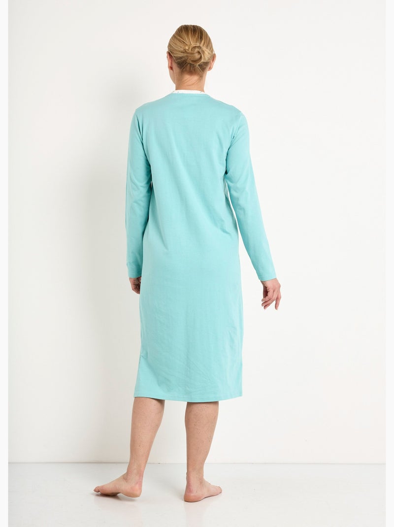 Chemise de nuit liquette mi-longue boutonnée coton Bleu aqua - Kiabi