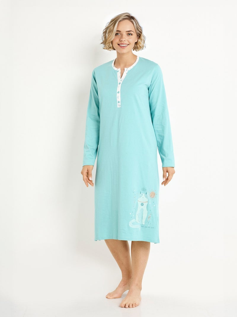 Chemise de nuit liquette mi-longue boutonnée coton Bleu turquoise - Kiabi