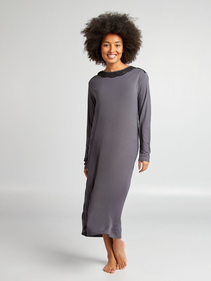 Chemise de nuit longue avec dentelle Bleu gris - Kiabi