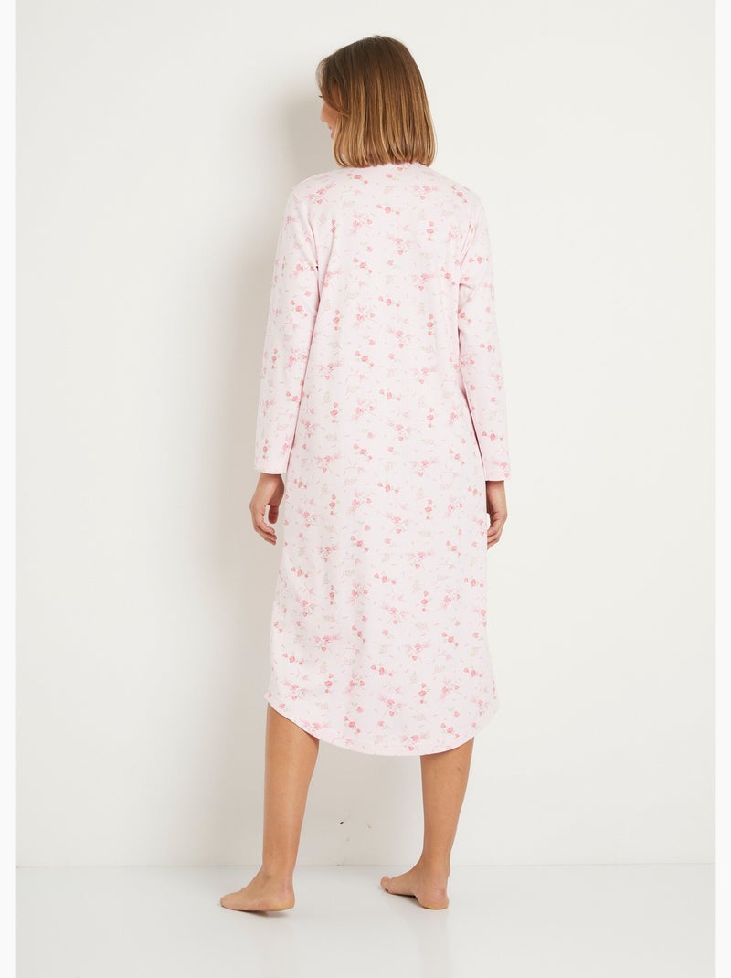 Chemise de nuit longue boutonnée coton interlock fleuri Rose - Kiabi