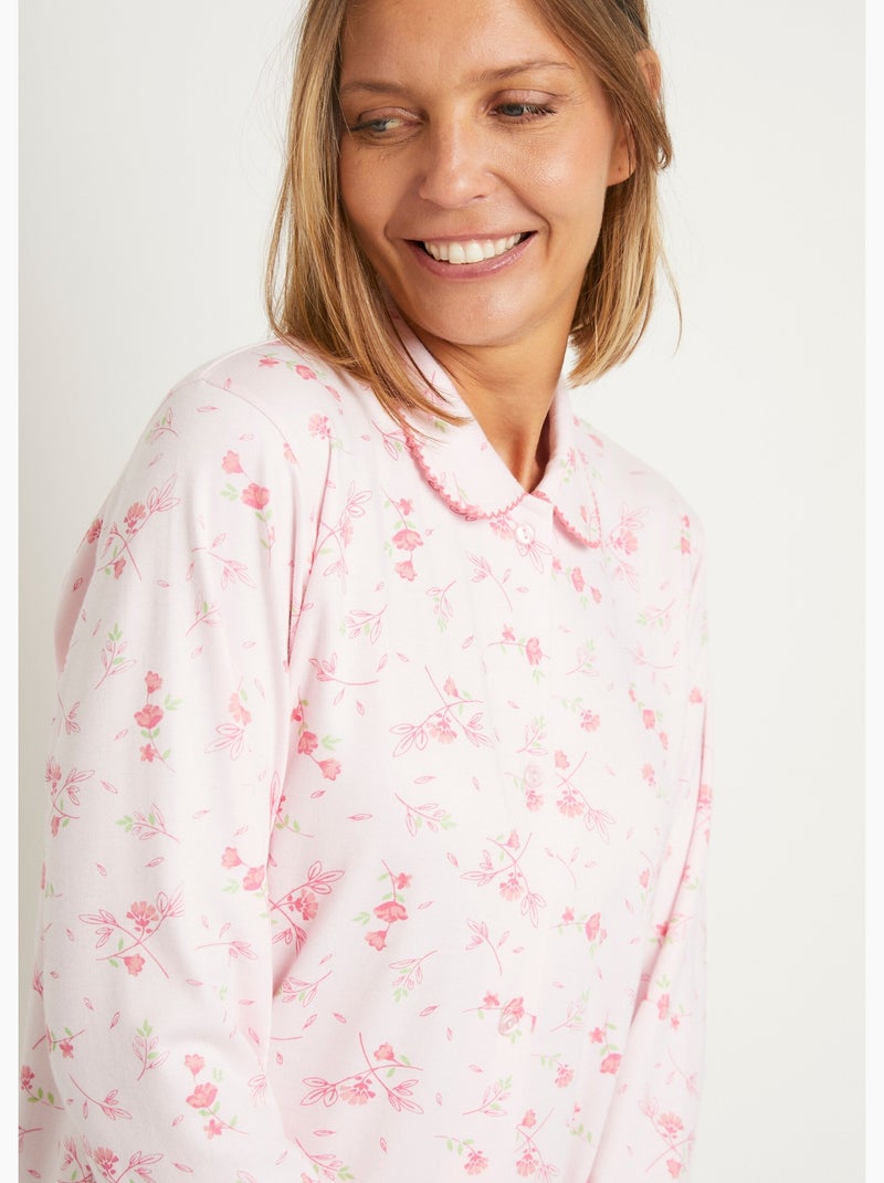 Chemise de nuit longue boutonnée coton interlock fleuri Rose - Kiabi