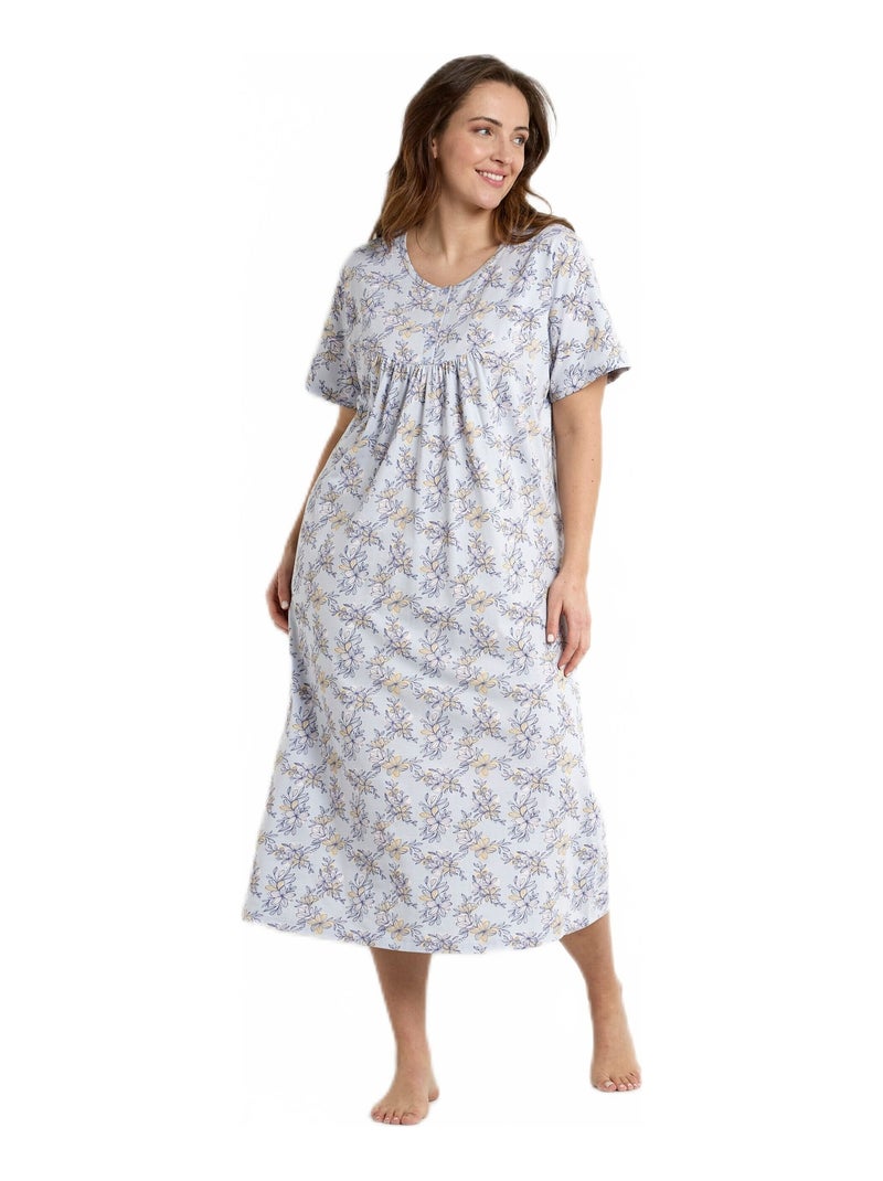 Chemise de nuit longue coton manches courtes Bleu - Kiabi