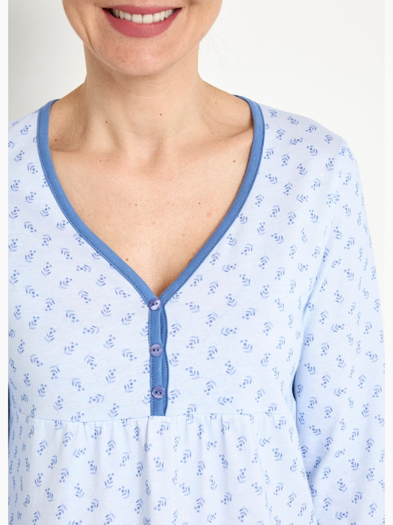Chemise de nuit longue manches 3/4 coton imprimé Bleu - Kiabi