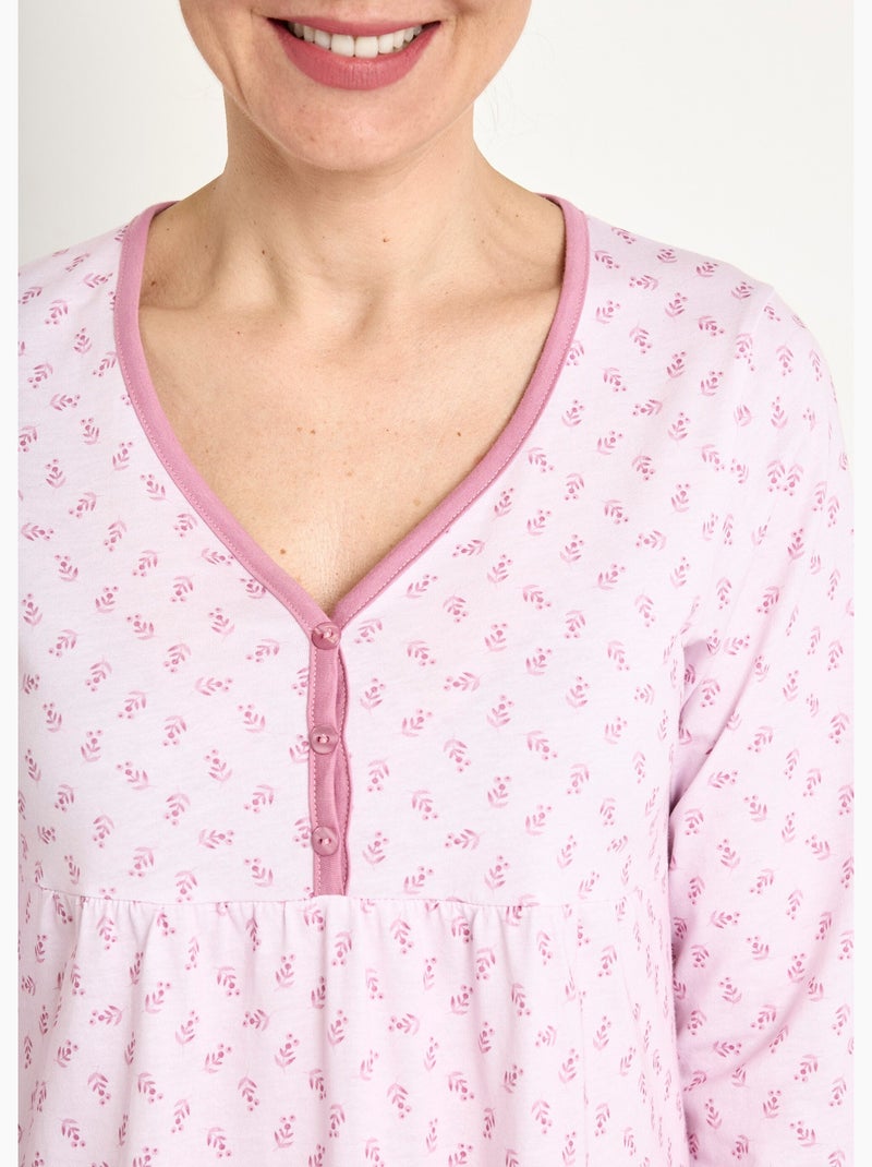 Chemise de nuit longue manches 3/4 coton imprimé Rose - Kiabi