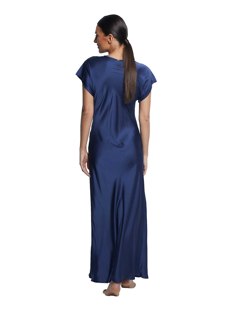 Chemise de nuit longue manches courtes Satin Bleu marine - Kiabi