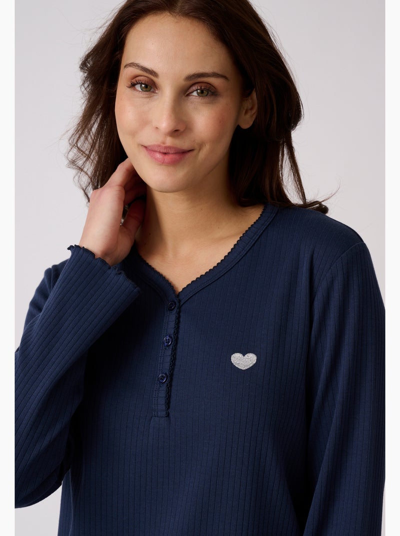 Chemise de nuit maille côtelée - Damart Bleu marine - Kiabi