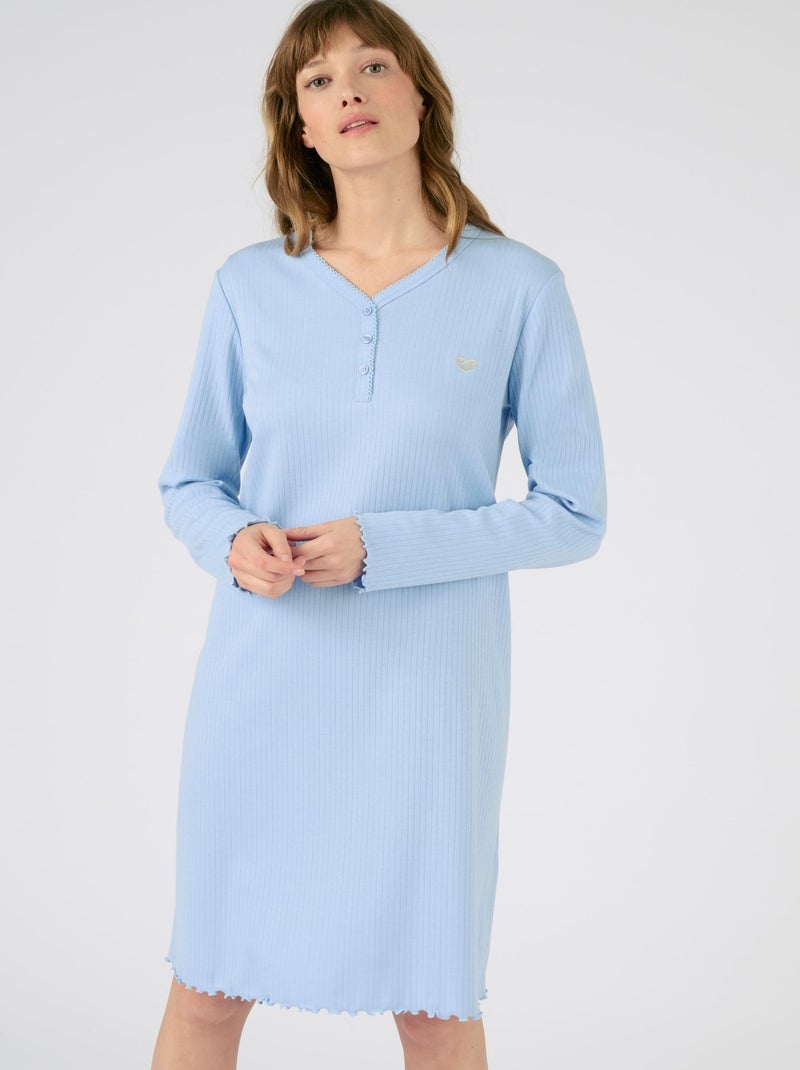 Chemise de nuit maille interlock côtelée douce et souple - Damart Bleu - Kiabi