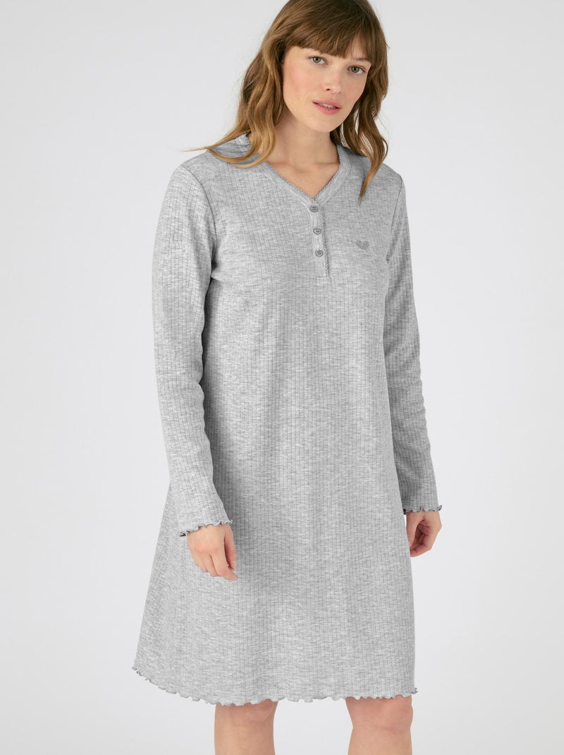 Chemise de nuit maille interlock côtelée douce et souple - Damart Gris chiné - Kiabi