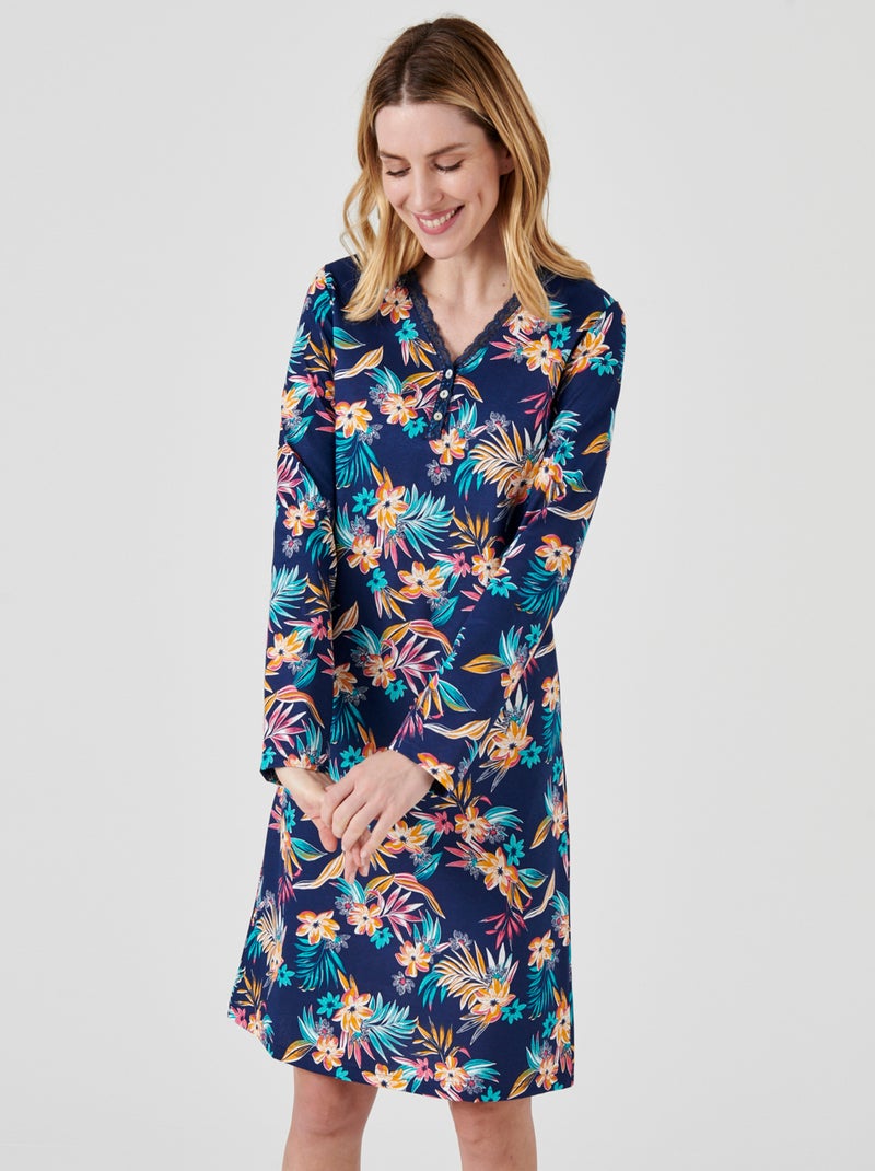 Chemise de nuit maille jersey pur coton peigné, manches longues - Damart Bleu - Kiabi