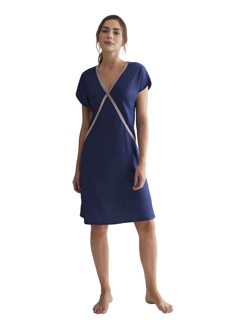 Chemise de nuit manches courtes Satin Bleu marine - Kiabi