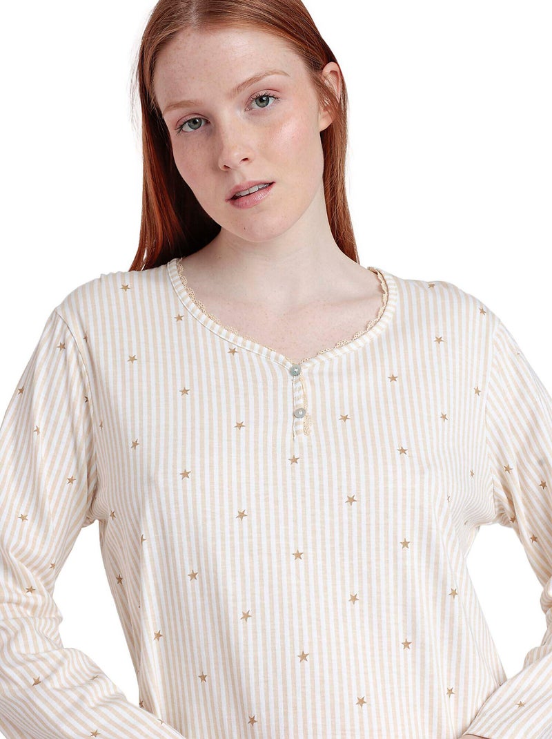 Chemise de nuit manches longues col rond Stripes And Stars Beige - Kiabi