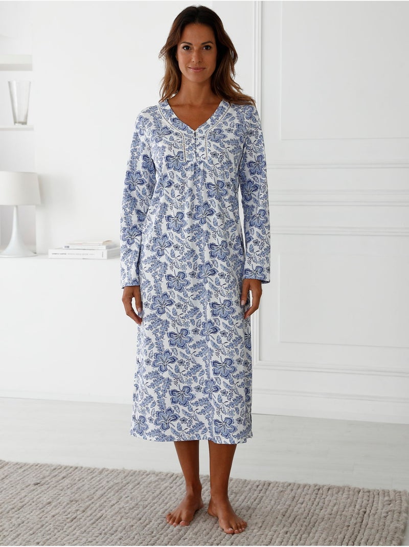 Chemise de nuit manches longues coton - DAXON Bleu Multicolore - Kiabi