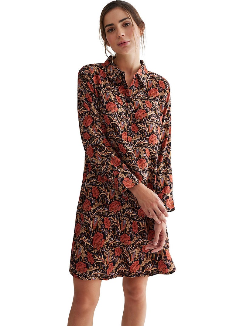 Chemise de nuit manches longues Flores Noir - Kiabi