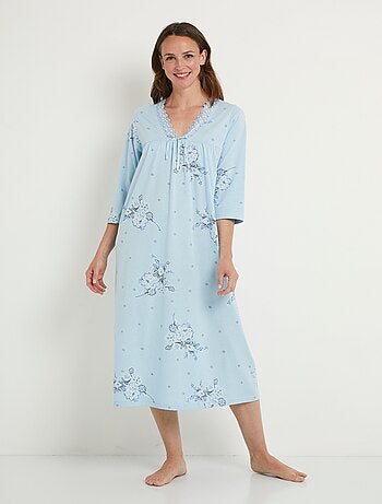 Chemise de nuit mi longue coton brodé manches 3/4 - afibel