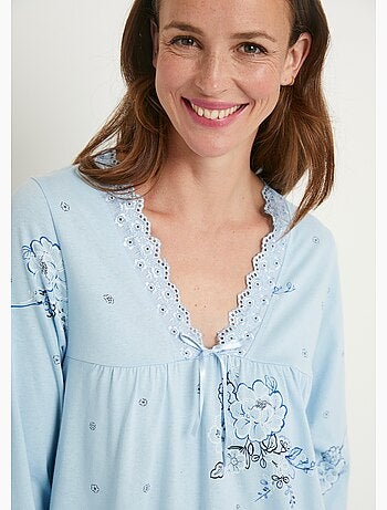 Chemise de nuit mi longue coton brodé manches 3/4 - afibel