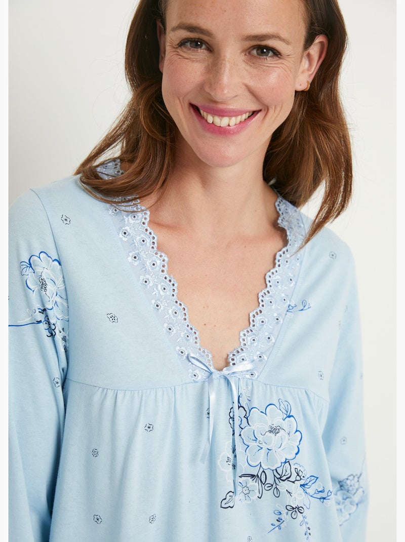 Chemise de nuit mi longue coton brodé manches 3/4 - afibel Bleu - Kiabi