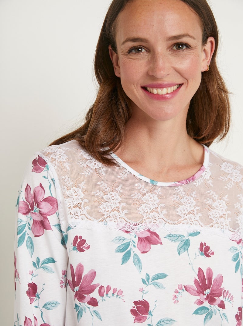 Chemise de nuit mi longue coton et dentelle Multicolore - Kiabi