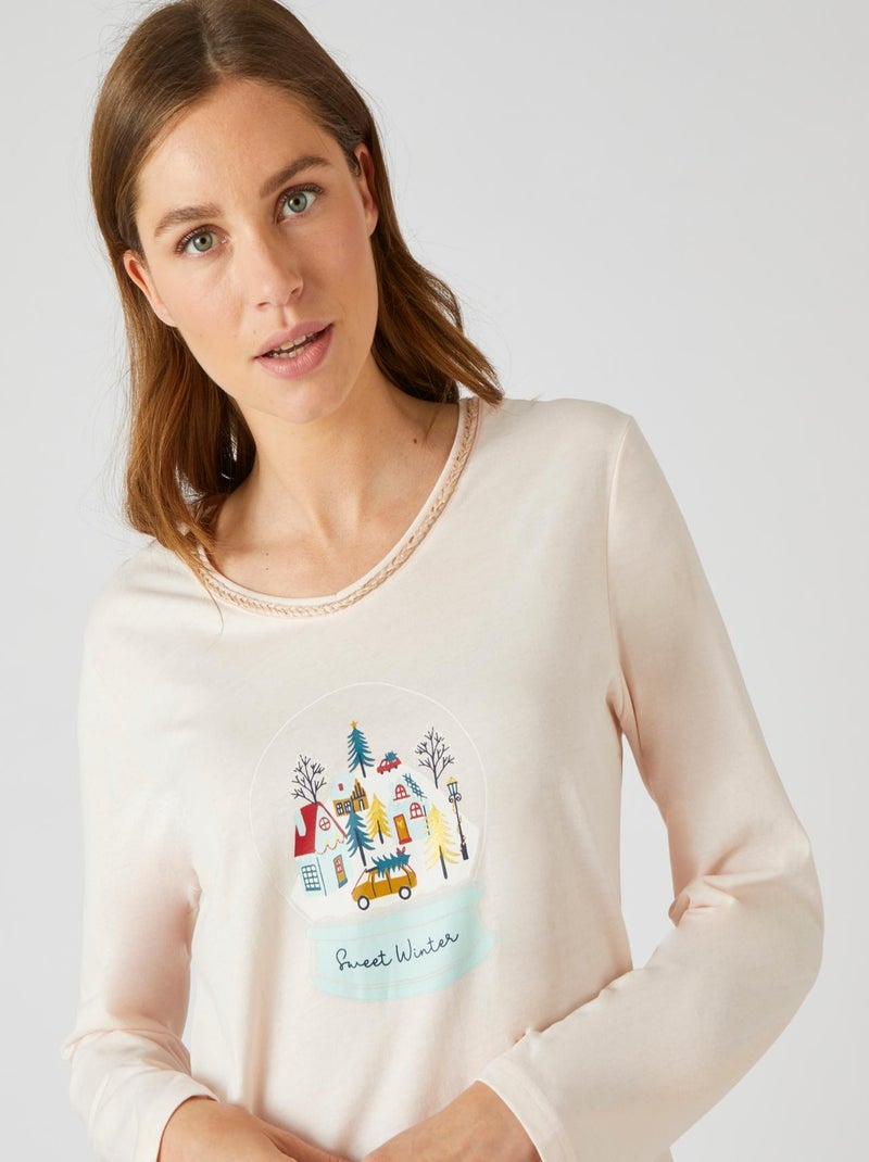 Chemise de nuit Noël maille jersey pur coton peigné - Damart Rose - Kiabi
