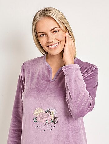 Chemise de nuit polaire mi-longue brodée