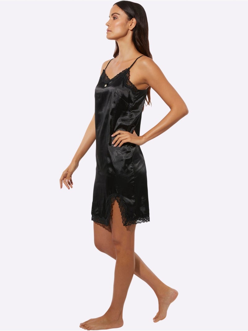 Chemise De Nuit Satin - Taille Standard - Witt Noir - Kiabi