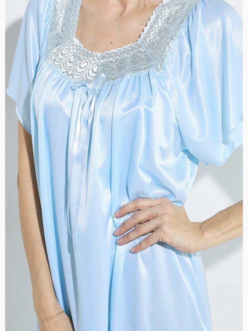 Chemise de nuit satinée longue antistatique dentelle - Afibel Bleu - Kiabi