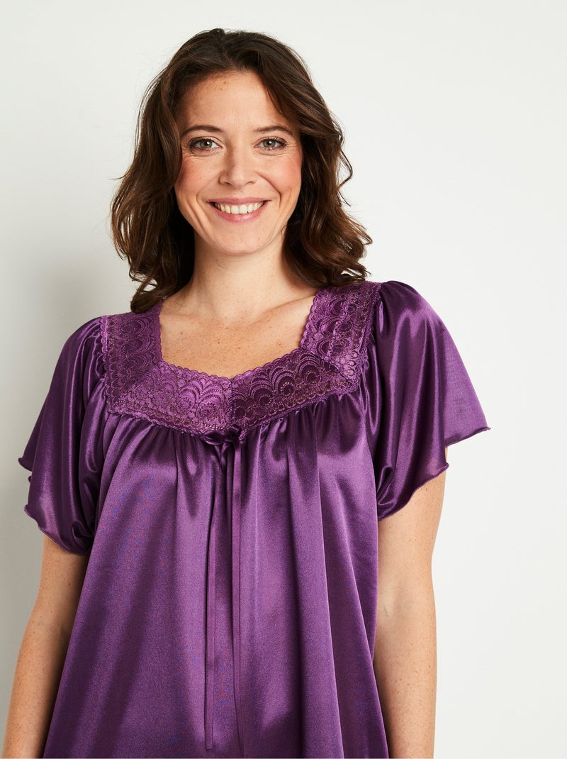 Chemise de nuit satinée longue antistatique dentelle - Afibel Rouge - Kiabi