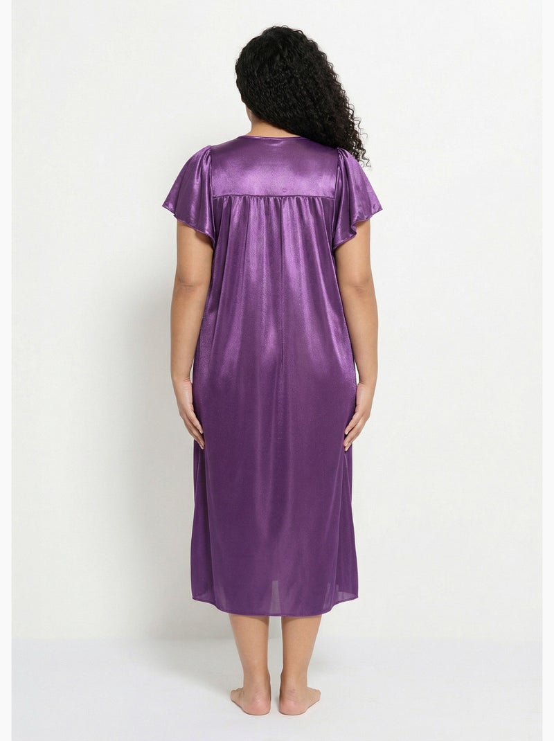 Chemise de nuit satinée longue antistatique dentelle - Afibel Violet - Kiabi