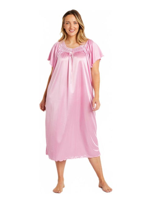 Chemise de nuit satinée longue antistatique dentelle - Kiabi