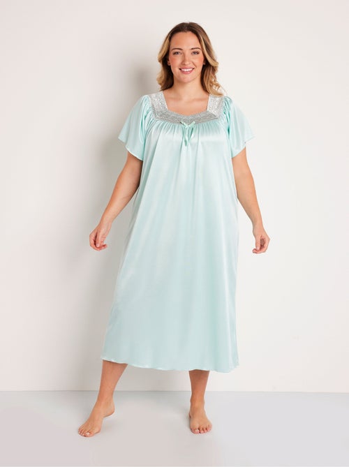 Chemise de nuit satinée longue antistatique dentelle - Kiabi