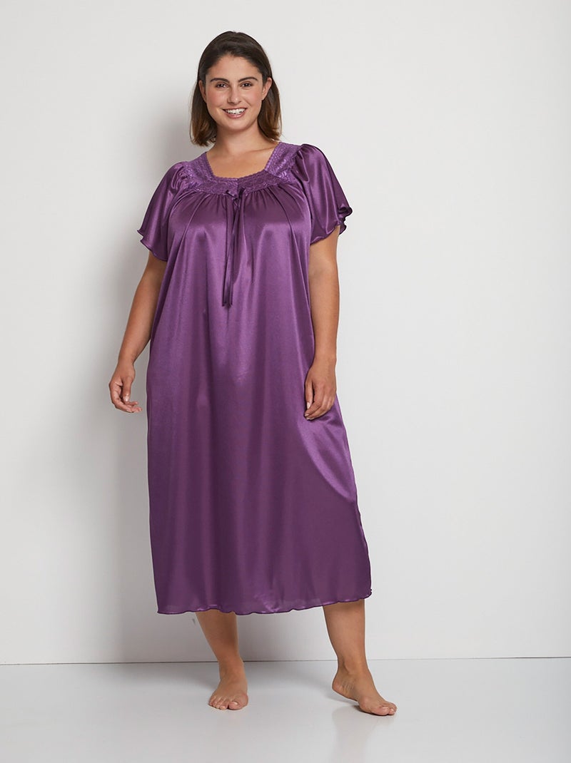 Chemise de nuit satinée longue antistatique dentelle Violet prune - Kiabi