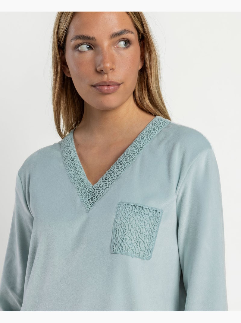 Chemise de nuit velours manches longues luxury guipure Bleu turquoise - Kiabi