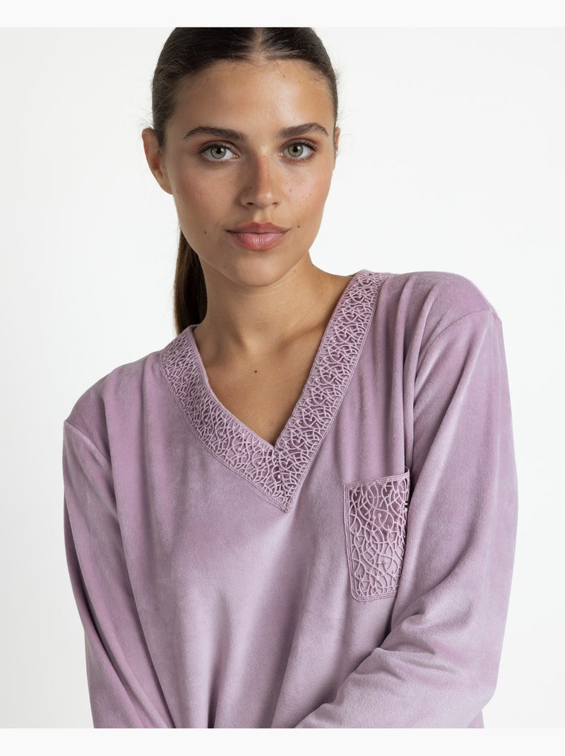 Chemise de nuit velours manches longues luxury guipure Rose - Kiabi